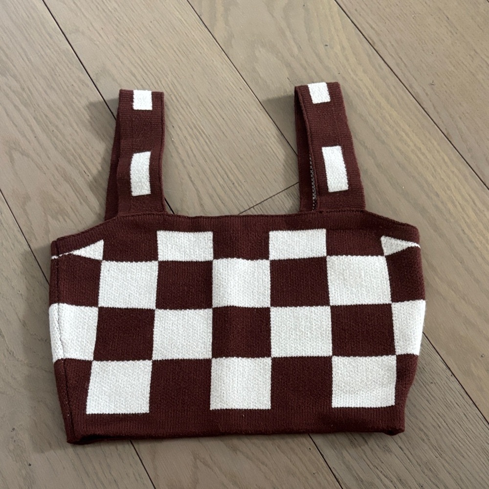 Brown and White Checkered Knit Crop Top